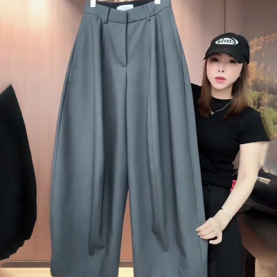 灰色压褶设计感轻职风西装裤女