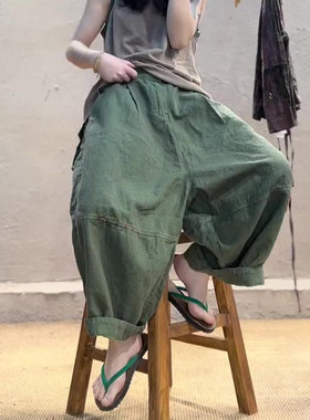绿色复古休闲风舒适棉麻阔腿裤女