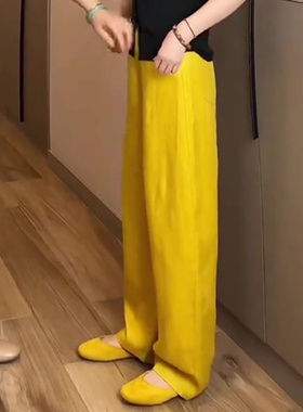 黄色宽松舒适垂感时尚大码阔腿裤女2025秋季新款休闲风亚麻直筒裤