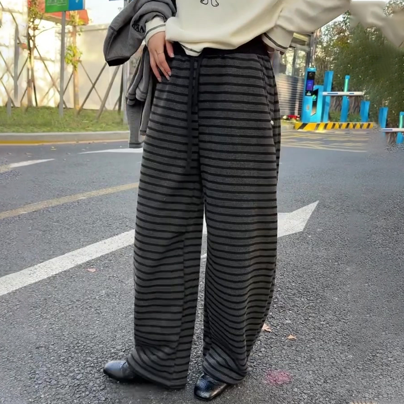 高端定制灰色毛呢大码条纹阔腿裤