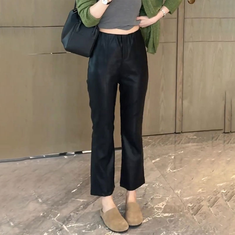高端定制黑色大码九分皮裤女