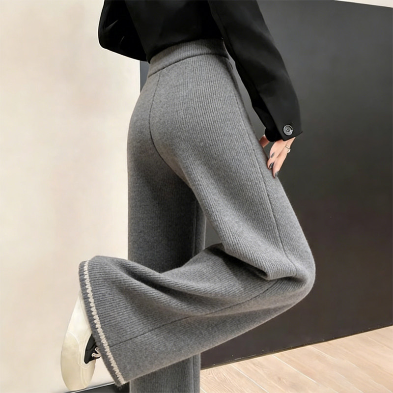 欧货高端定制浅灰色针织大码阔腿裤女2026早春新款慵懒休闲直筒裤,女装/女士精品,大码裤装,淘宝优惠券,粉丝福利购,淘宝优惠卷