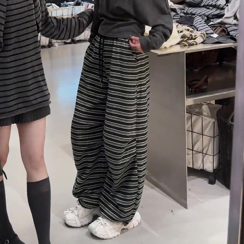 欧货高端定制黑色条纹大码阔腿裤