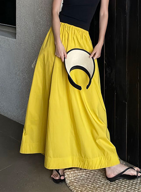 黄色休闲风时尚感个性百搭半身裙女2025夏季新款高腰显瘦简约长裙