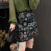 欧货高端定制藏青底几何大码 半身裙女2026春夏新款 民族风A字裙子