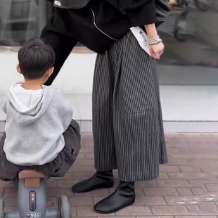 高端定制灰色条纹毛呢大码阔腿裤女2025冬季新款加厚九分休闲裤子