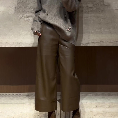 欧货高端定制棕色大码阔腿pu皮裤