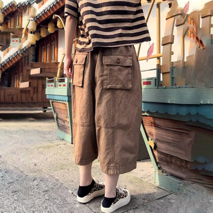 复古棕色大码 休闲老钱风百搭短裤 棉麻裤 新款 女2025年秋季 欧货正品