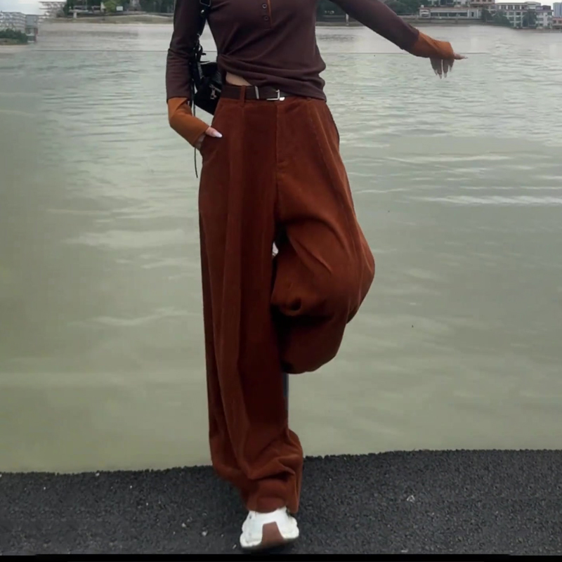 欧货高端定制焦糖色灯芯绒大码阔腿裤女2025秋冬新款加厚休闲裤子
