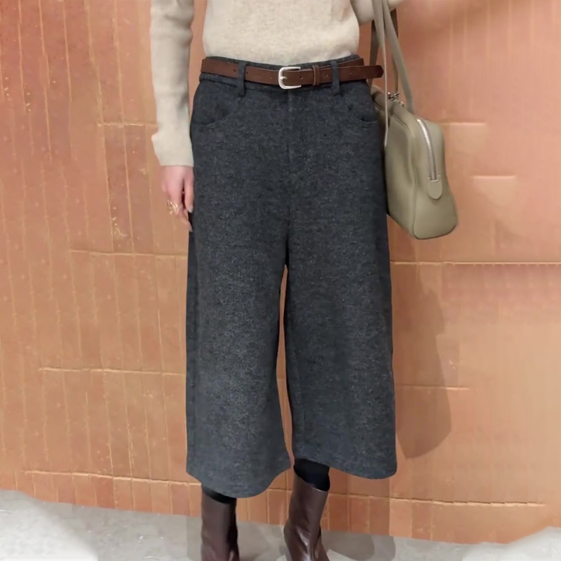 欧货高端定制深灰色毛呢阔腿裤女