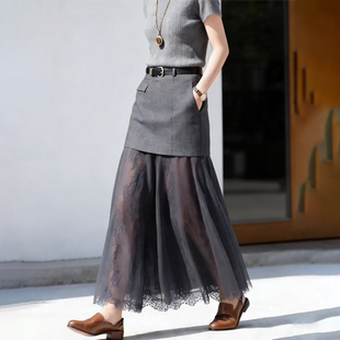 欧货高端定制炭灰色大码半身裙女2026春夏新款蕾丝拼接浪漫大摆裙