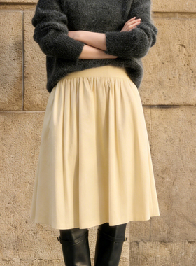 欧货高端定制奶黄色毛呢大码半身裙女2025冬季新款加厚减龄百褶裙