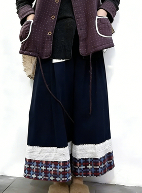 欧货高端定制藏蓝色大码拼接半身裙女2025冬季新款加厚蕾丝A字裙