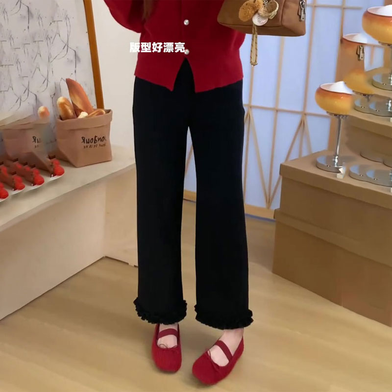 高端定制黑色花边大码阔腿裤女