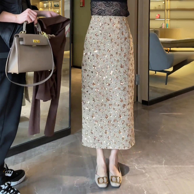 香槟色重工亮闪闪包臀半身裙女