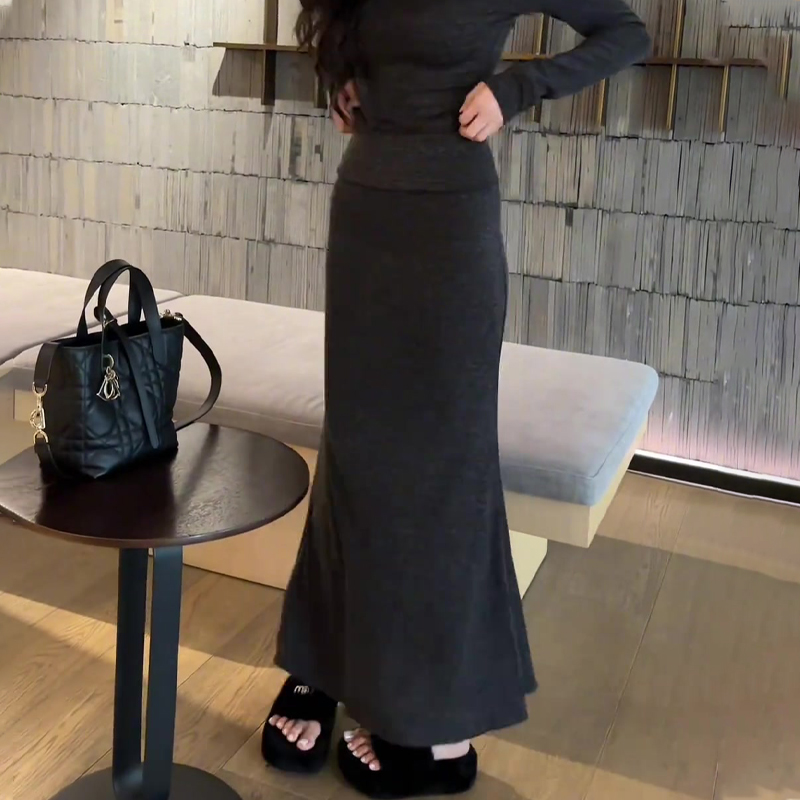 高端定制深灰色毛呢大码半身裙女