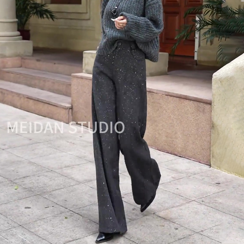 欧货高端定制灰色毛呢大码阔腿裤