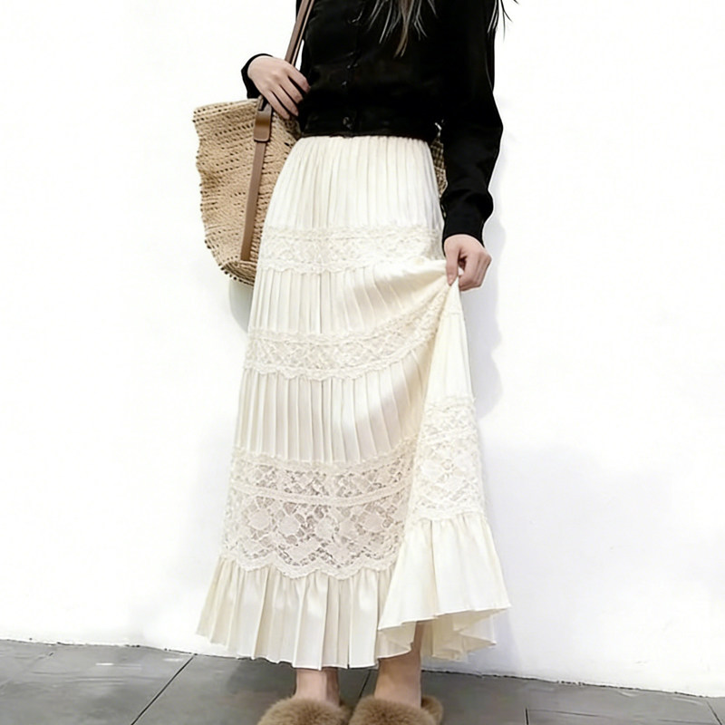 高端定制米白色荷叶边大码半身裙女2025冬季新款加厚温柔百褶裙子,女装/女士精品,大码半身裙,淘宝优惠券,粉丝福利购,淘宝优惠卷