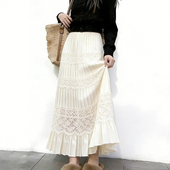 新款 高端定制米白色荷叶边大码 半身裙女2025冬季 加厚温柔百褶裙子