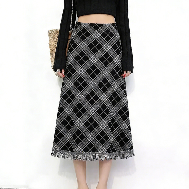 欧货高端定制黑灰色毛呢大码半身裙女2026早春新款格纹流苏A字裙,女装/女士精品,大码半身裙,淘宝优惠券,粉丝福利购,淘宝优惠卷