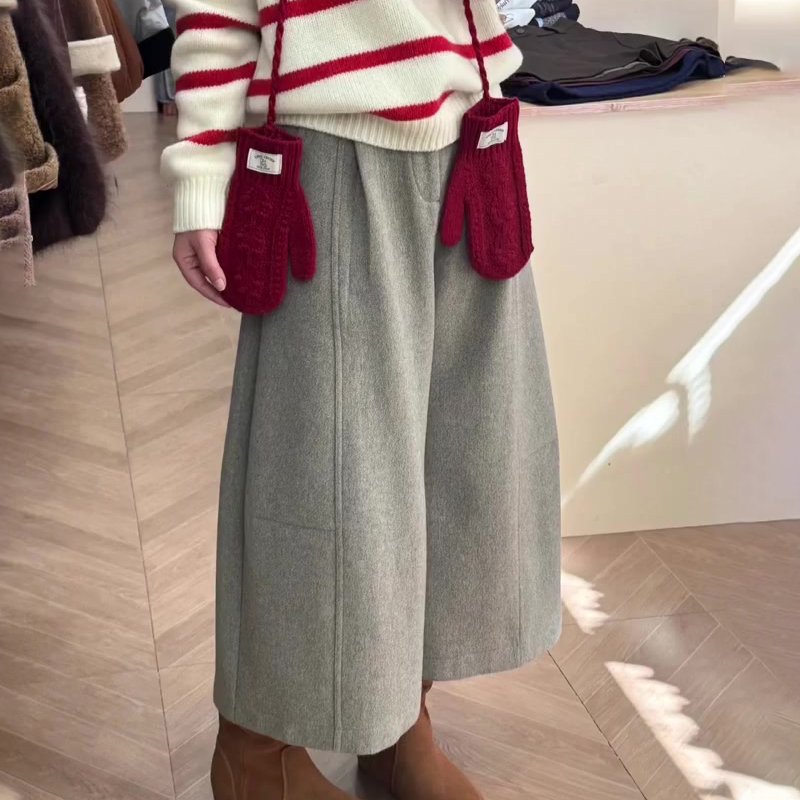 高端定制浅灰色毛呢大码阔腿裤女