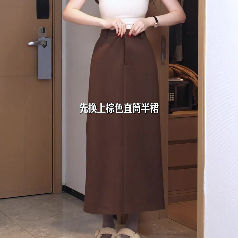 欧货高端定制棕色大码直筒半身裙