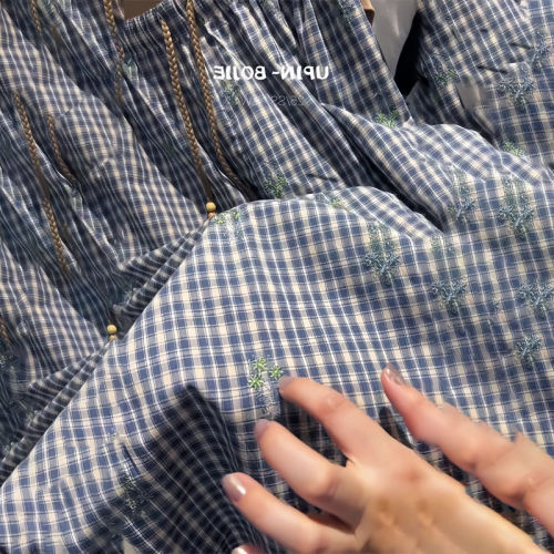 蓝白格子刺绣阔腿裤女2025秋季