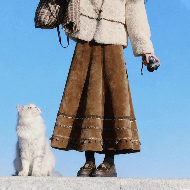 欧货高端定制棕色大码半身大摆裙