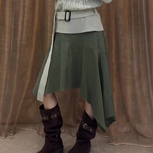 欧货高端定制军绿色大码半身裙女