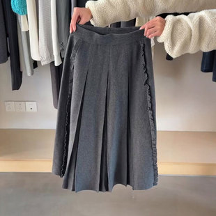 加厚褶皱木耳边A字裙 新款 高端定制灰色毛呢大码 半身裙女2025冬季