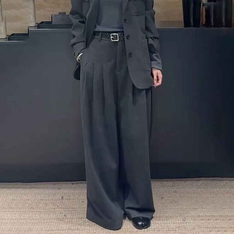 欧货高端定制灰色毛呢大码阔腿西装裤女2025秋冬新款加厚休闲裤子