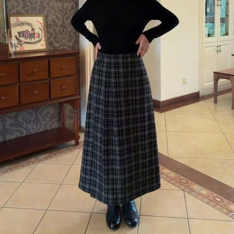 高端定制灰色毛呢大码格纹半身裙