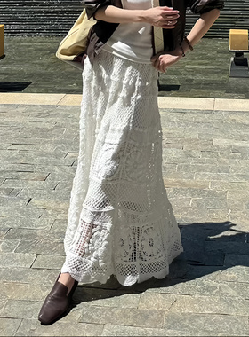 欧货大牌白色蕾丝镂空百搭半身裙女2025冬季新款高级时尚宽松长裙