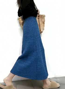 欧货高端定制蓝色毛呢大码半身裙女2025冬季新款加厚复古风A字裙