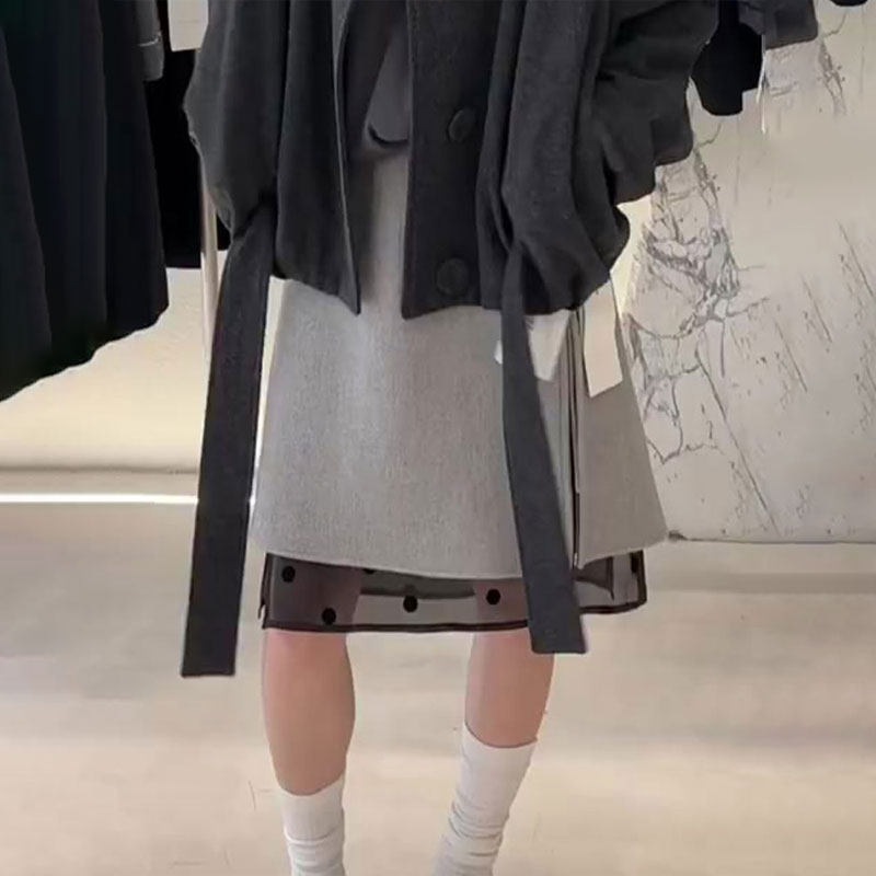 高端定制灰色纱网拼接大码半身裙