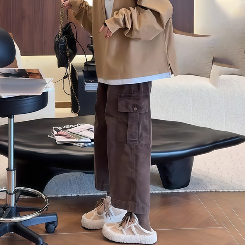 高端定制咖色灯芯绒工装九分裤子