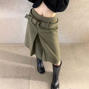 欧货高端定制绿色大码半身裙女2025冬季新款加厚褶皱设计感A字裙