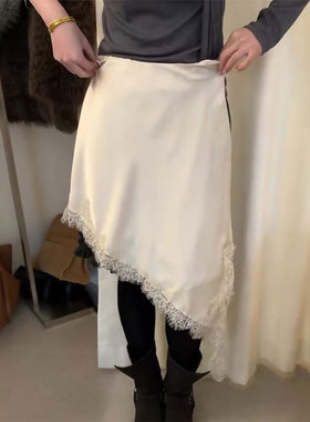 高端定制白色蕾丝边大码半身裙女2025冬季新款加厚不对称A字裙子
