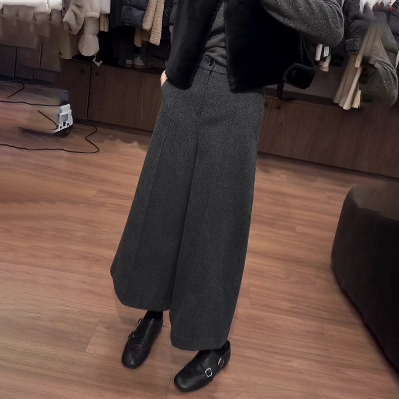 欧货高端定制灰色毛呢大码阔腿裤