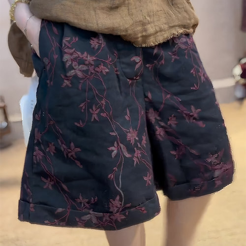 欧货大牌黑色棉麻印花短裤新款女