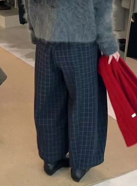 欧货高端定制藏蓝色毛呢大码阔腿裤女2026早春新款慵懒格子休闲裤