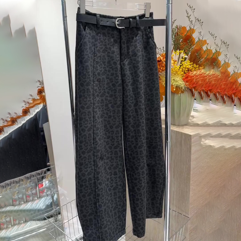 高端定制灰色毛呢大码豹纹阔腿裤