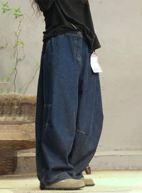 欧货高端定制蓝色大码棉麻阔腿裤女2025早秋新款小众设计感裤子