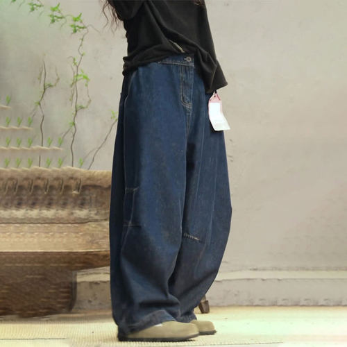 欧货定制蓝色大码棉麻阔腿裤女