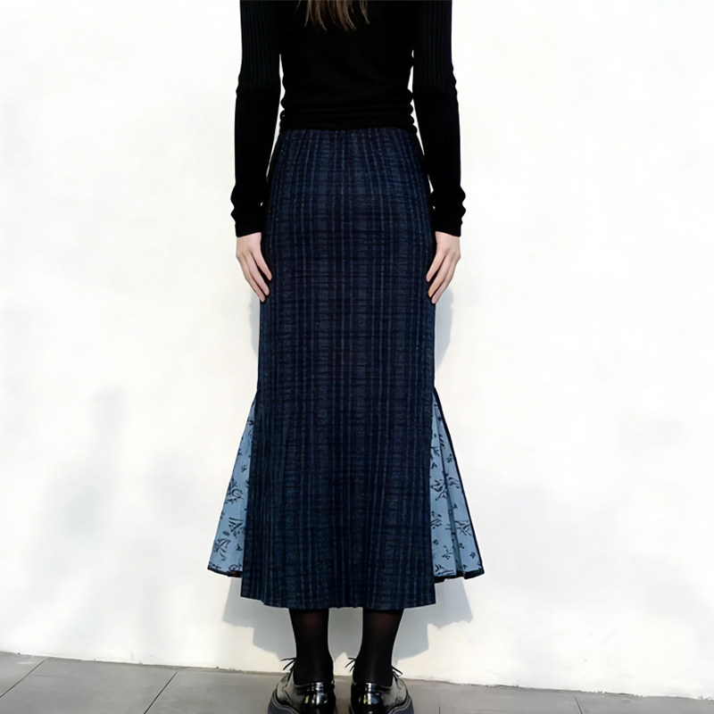 欧货高端定制藏青色格纹大码半身裙女2026早春新款轻熟拼接鱼尾裙,女装/女士精品,大码半身裙,淘宝优惠券,粉丝福利购,淘宝优惠卷