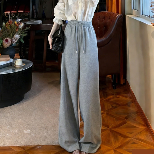高端定制浅灰色抽绳大码阔腿裤女