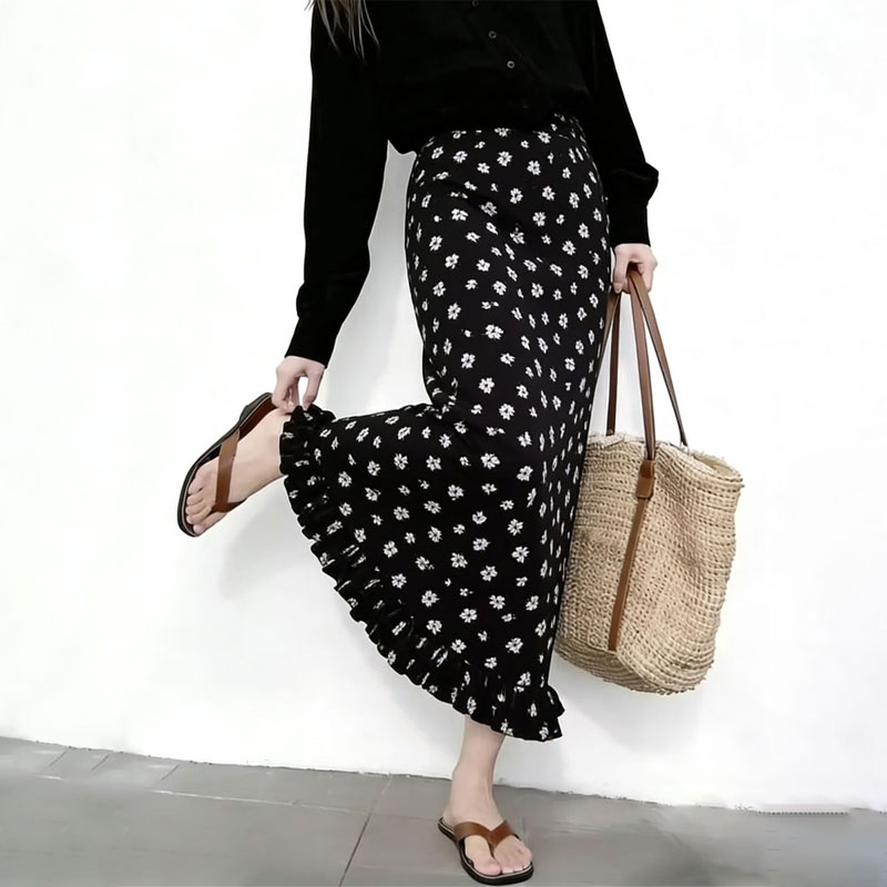 高端定制黑色碎花大码半身裙女