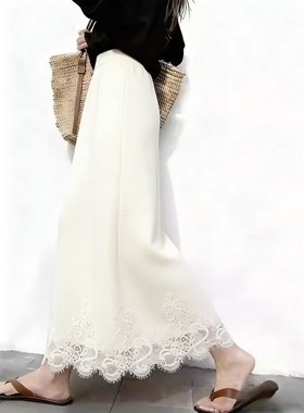 欧货高端定制白色蕾丝拼接大码半身裙女2025冬季新款加厚A字长裙
