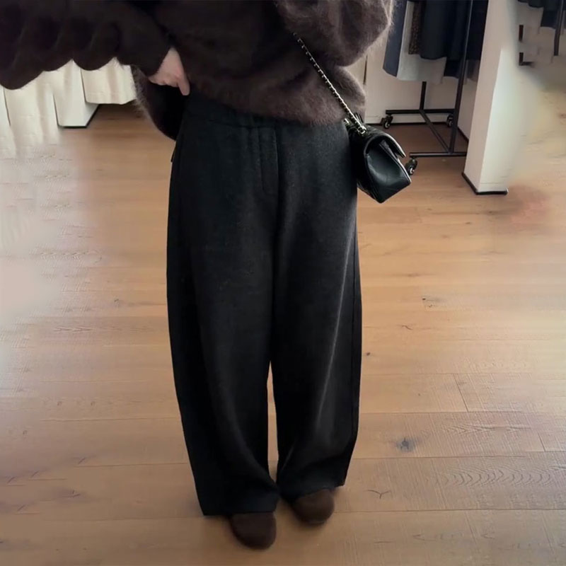 高端定制深灰色毛呢大码阔腿裤女