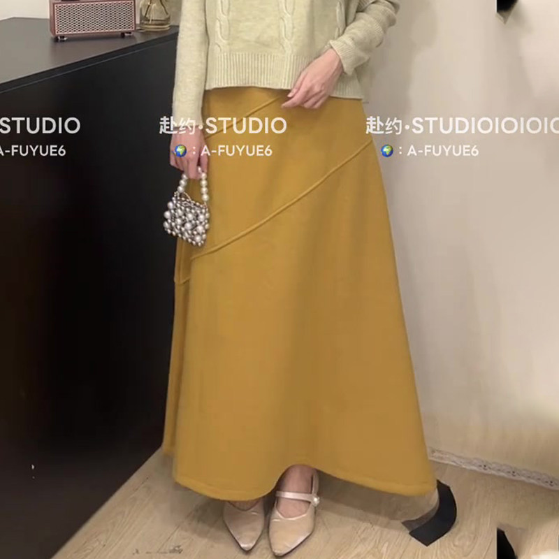 欧货高端定制黄色毛呢大码半身裙